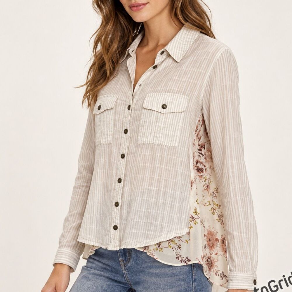 Free People Striped Floral Mixed Print Button Down Shirt Small women